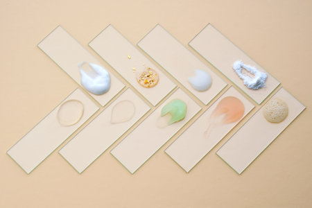 Slides with various cosmetic products: creams and serums on a beige background.の写真素材