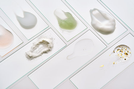 Textures of various cosmetic products on slides on a gray background.の写真素材