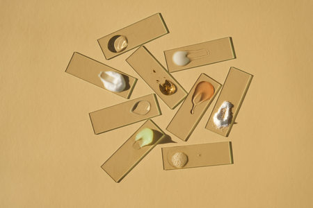 Samples of textures of various cosmetic products on a beige background.の写真素材