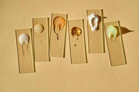 Samples of textures of various cosmetic products on a beige background.の写真素材