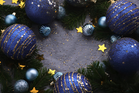 New Year blue background. Place for the text in Christmas decoration.の写真素材
