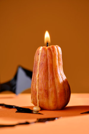 Halloween-style candles on a orange background. Festive decor.の写真素材