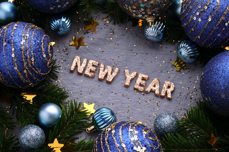 Abstract New Year blue background with Christmas decorations.