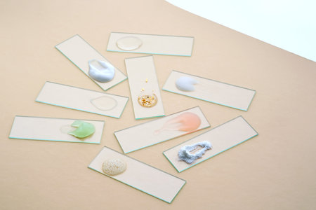 Samples of textures of various cosmetic products on a beige background.