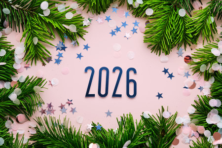New Year 2026 pink background. Number of the coming year in Christmas decoration.