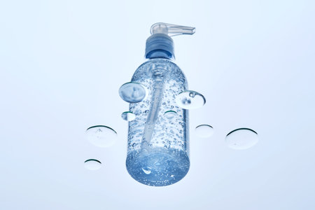 The image shows a bottle of micellar gel with drops around it, viewed from below.