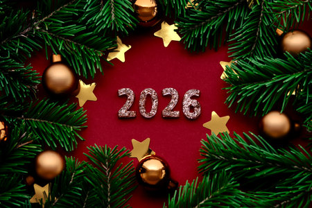 New Year 2026 red background. Number of the coming year in Christmas decoration.