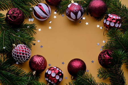 Christmas new year yellow background. Place for the text in Christmas decoration.