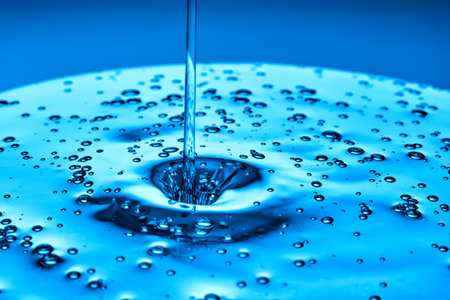 The viscous gel serum for the face flows and collects into a drop on a blue background.
