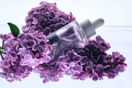 A bottle of serum with petals in water with lilac flowers.の写真素材