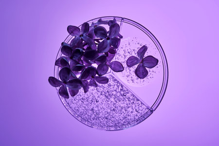 Three-piece petri dish with lilac flowers and whey texture.の写真素材