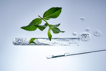 A test tube with the texture of serum or other cosmetics with mint and herbs.の写真素材