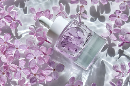 A bottle of hyaluronic serum in lilac flowers in the water.の写真素材