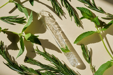 A test tube with the texture of serum or other cosmetics with mint and herbs.の写真素材