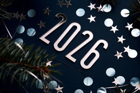 New Year 2026 blue background. Number of the coming year in Christmas decoration.