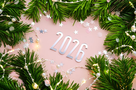 New Year 2026 pink background. Number of the coming year in Christmas decoration.