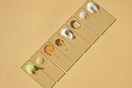 Slides with various cosmetic products: creams and serums on a beige background.の写真素材