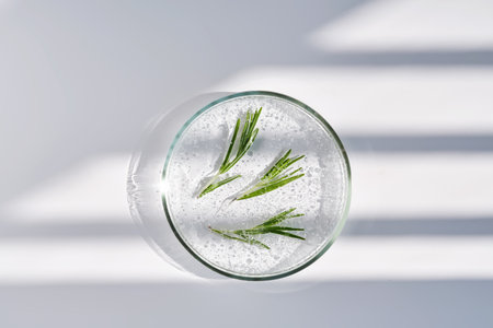 Rosemary serum in a petri dish on a background with streaks of shadows.の写真素材