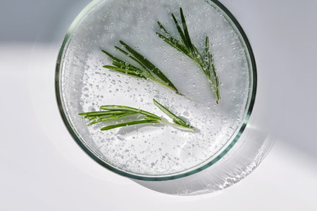 The texture of a clear serum with bubbles and rosemary in a petri dish.