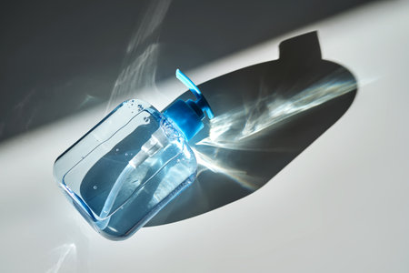 Hand washing gel in a blue bottle with a dispenser on a white background.の写真素材