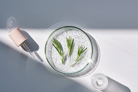 Dropper and rosemary serum in a petri dish.の写真素材