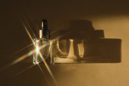 Natural facial oil with beautiful highlights on a beige background.の写真素材