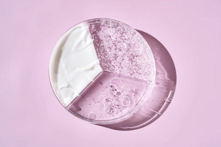 Cream, serum and oil on a purple background in a petri dish.の写真素材