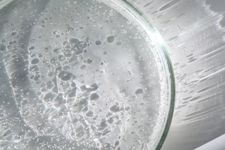 Petri dish with liquid on a white background.
