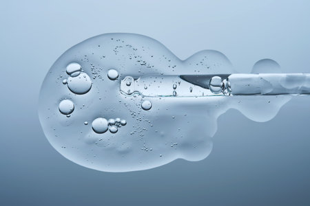 Transparent serum with bubbles and dropper on a blue background.の写真素材