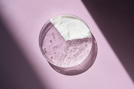 Textures of cream, cosmetic oil and serum in a petri dish. Purple background.の写真素材