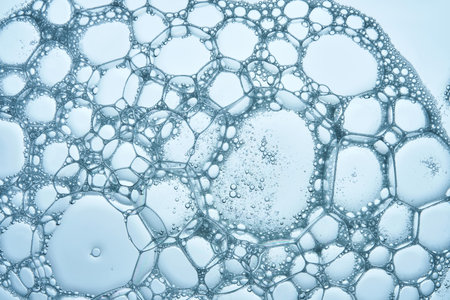 The texture of soap bubbles and foam in close-up on a blue background.