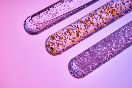 Three test tubes with different serums on a gray-purple background.の写真素材