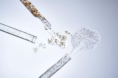 Three test tubes with spilled serums. Demonstration of textures.の写真素材