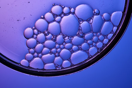 Bubbles in shampoo or shower gel. Texture on a purple background.