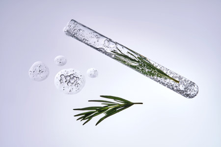 A test tube with rosemary inside and a cosmetic texture.の写真素材