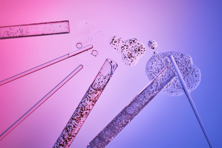 Test tubes with serums and various scientific laboratory supplies on a blue-purple background.の写真素材