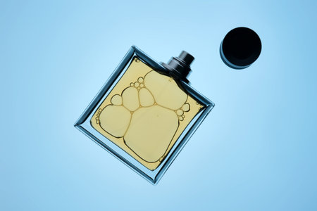 A bottle of perfume with a spray gun on a blue background with an illuminated texture.の写真素材