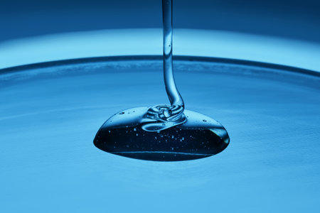 The viscous gel serum for the face flows and collects into a drop on a blue background..の写真素材