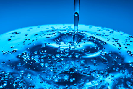 The viscous gel serum for the face flows and collects into a drop on a blue background..の写真素材