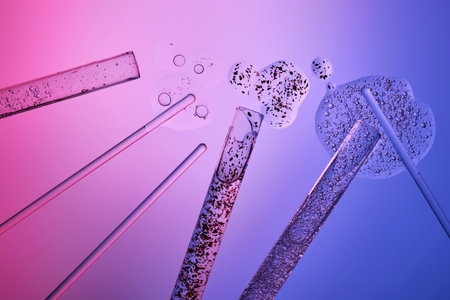 Test tubes with serums and various scientific laboratory supplies on a blue-purple background.