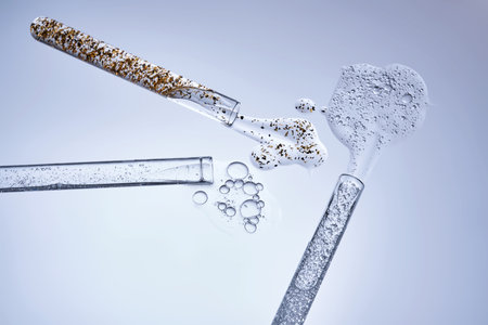 Three test tubes with spilled serums. Demonstration of textures.
