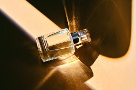 A spray bottle with perfume on a beige background with a light strip.