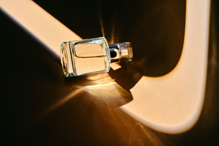 A spray bottle on a beige background with a light strip.の写真素材