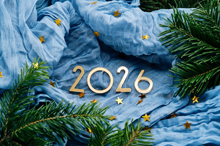 New Years background with the number 2026 on a blue background.