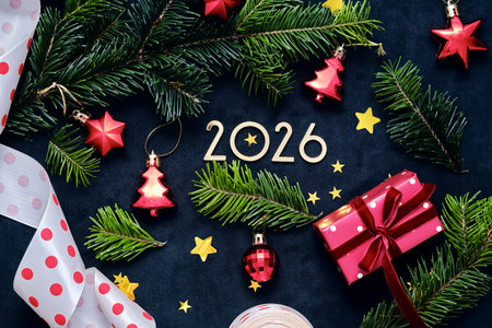 New Year 2026 background. Number of the coming year in Christmas decoration.