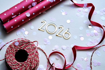 Abstract background of Christmas attributes with the year number 2026.