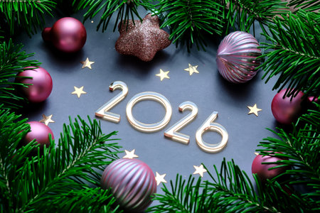 New Year background with 2026 on a blue background with Christmas decorations.