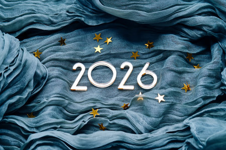 New Years background with the number 2026 on a blue background.の写真素材