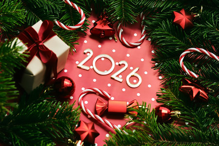 New Year 2026 red background. Number of the coming year in Christmas decoration.の写真素材