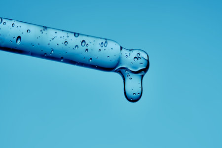 The texture of a cosmetic product with peptides in a pipette on a blue background.の写真素材